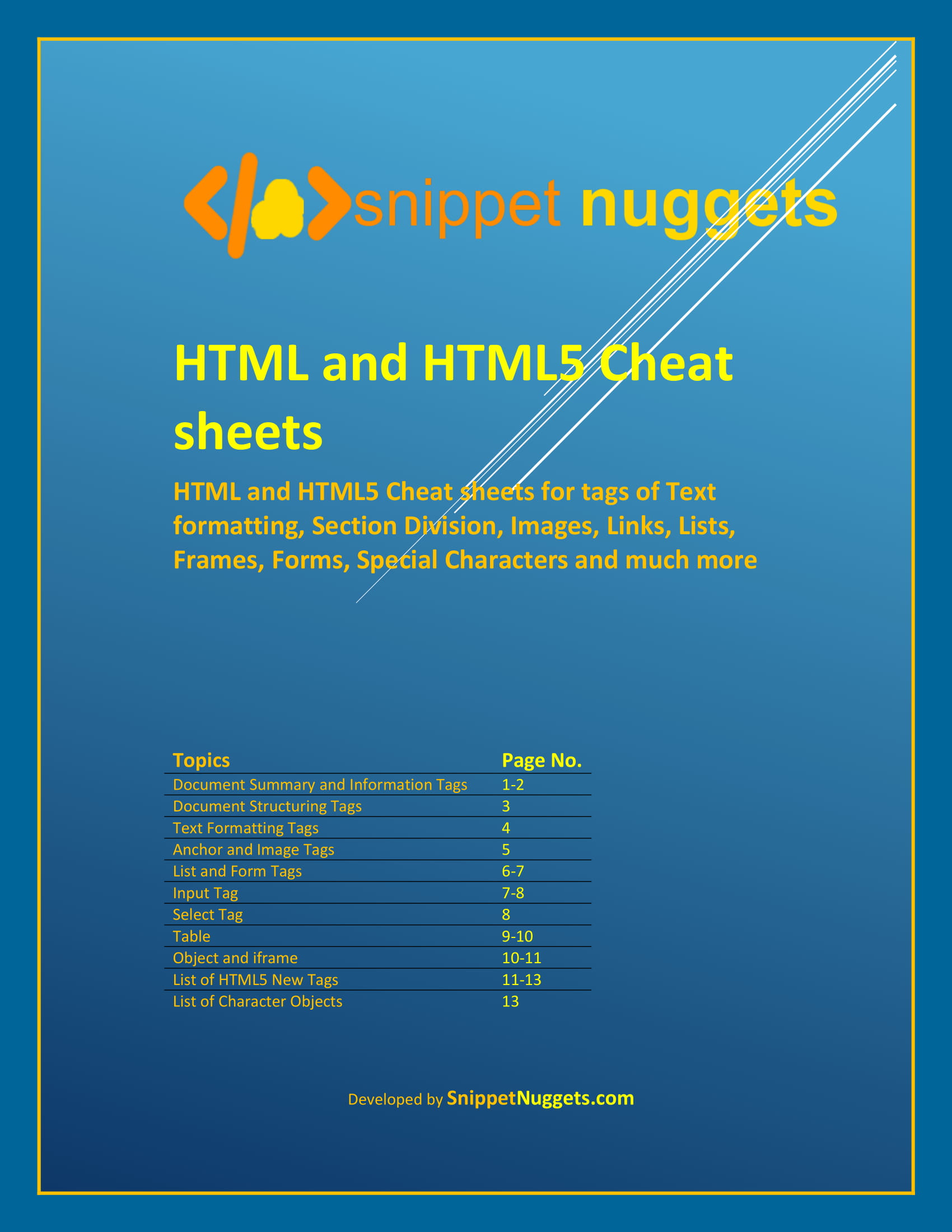 html cheat sheet for 2019 new tag included cover page www.snippetnuggets.com