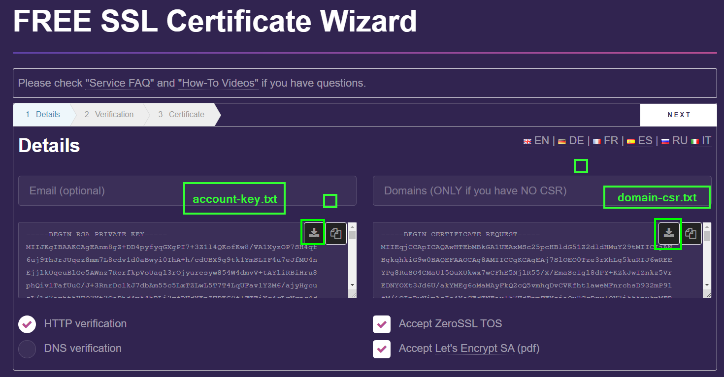 Account Key and Domain CSR generated by ZeroSSL